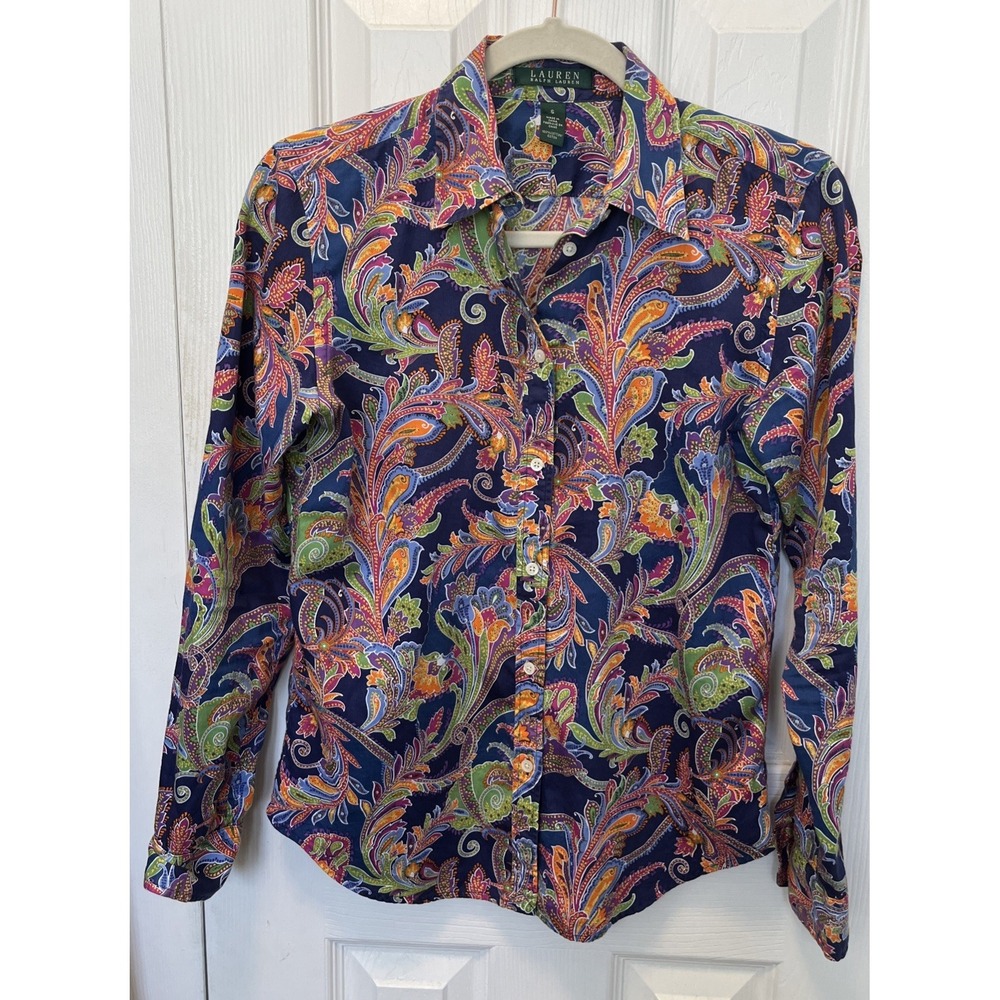 Lauren Ralph Lauren Womens Cotton  Colorful Paisley Button Down Blouse Size S